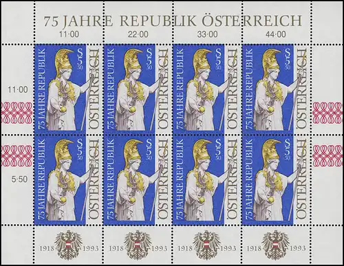 2113 Jahrestag Republik Österreich 1993 - kompletter Kleinbogen, postfrisch **