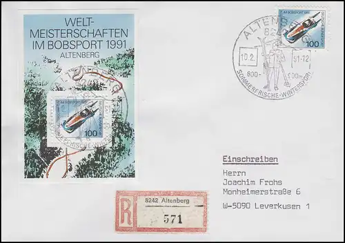 Block 23 Bobsport WM mit Ezm aus Bl.23, R-Bf SSt Altenberg Wintersport 10.2.91  