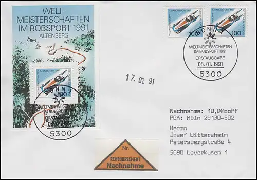 Bloc 23 Bobsport WM avec 2 Ezm du Bl.23, NN-FDC ESSt Bonn Bobbsort 8.1.1991