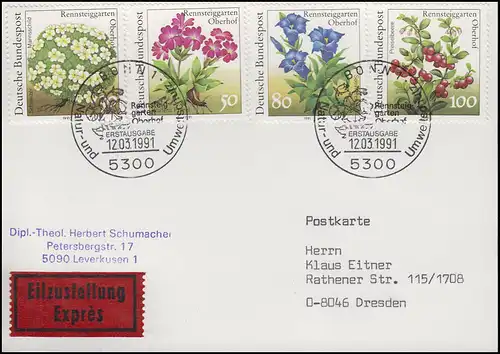 1505-1509 Jardin de course, 4 valeurs Carte postale Eil-FDC Esset Bonn 12.3.1991