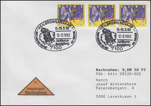 1600 Zirkus Renz, 3er-Streifen als MeF NN-FDC ESSt Heilbronn Clown 12.3.92