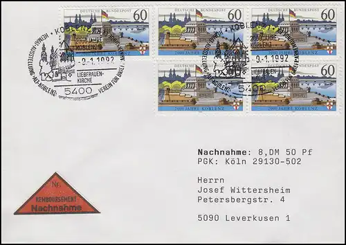 1583y Koblenz MeF NN-FDC Koblenz Heimat-Ausstellung & Liebfrauen-Kirche 9.1.1992