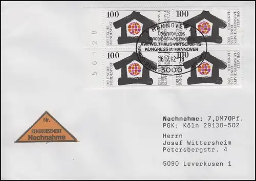 1620 Welthauswirtschaftskongreß Vbl. mit BRZ MeF NN-FDC ESSt Hannover 16.7.92