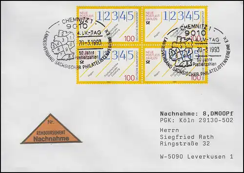 1659 Neue Postleitzahlen, MeF NN-Bf SSt Chemnitz Postleitzahlen-Karte 20.3.1993