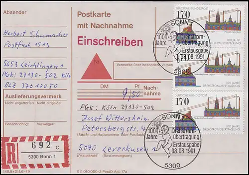 1557 Drehstromübertragung, MeF Postkarte mit NN & Einschreiben ESSt Bonn 8.8.91