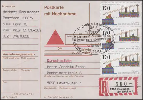 1557 Transmission de courant rotatif, carte postale MeF avec remboursement SSt Esslingen 3.10.1991