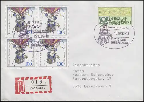 1638 Tag der Briefmarke Viererblock, MiF R-FDC ESSt Berlin Ballonpost 15.10.92