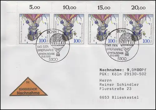 1638 Tag der Briefmarke ER-4er-Streifen MeF NN-FDC ESSt Bonn Ballonpost 15.10.92