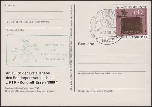 Postreiter Beförderung: FIP-Kongress, EF AK-FDC Posthausschild ESSt Blieskastel