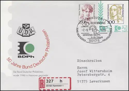 Privat-Umschlag 50 Jahre BDPh R-Brief SSt Hannover Bundestag 7.9.1996