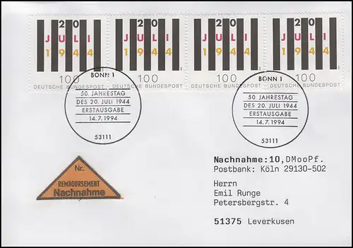 1741 Attentat 20. Juli 1944, 4x aus Bl.29 MeF auf NN-FDC Bonn Jahrestag 14.7.94