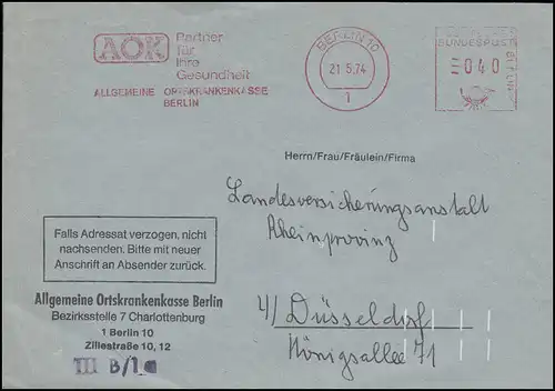 AFS AOK Berlin 21.5.74, Brief mit weißer Codierung Nummer 9 nach Düsseldorf