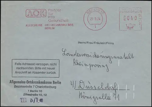 AFS AOK Berlin 21.5.74, lettre avec code blanc numéro 9 vers Düsseldorf
