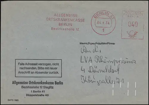 AFS AOK Berlin 4.4.74, lettre avec code blanc numéro 5 vers Düsseldorf