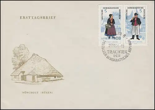 1074-1079 Volkstrachten 1964: 3 Zusammendrucke auf FDC 1, 2 und 3 ESSt Berlin