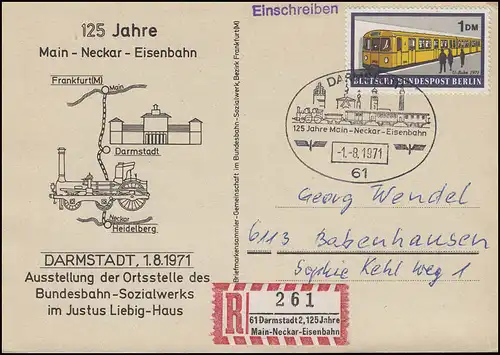 Sonder-R-Zettel 125 Jahre Main-Neckar-Eisenbahn Sonder-R-PK SSt Darmstadt 1.8.71