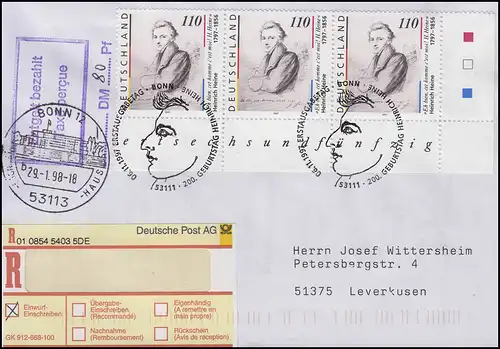 1962 Heine - Eckblock u.r. ohne Rune, R-FDC Zweitauflage ESSt Bonn 6.11.1997