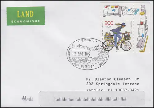 1914 Tag der Briefmarke Postzustellerin EF USA-Brief SSt Bonn Landkarte 7.9.1995