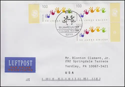 1869 UNO-Kinderhilfswerk UNICEF, MeF FDC Bonn 18.7.1996 in die USA