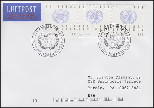 1804 Nations Unies, MeF FDC ESSst Berlin 50 ans UNO 8.6.1995 aux États-Unis