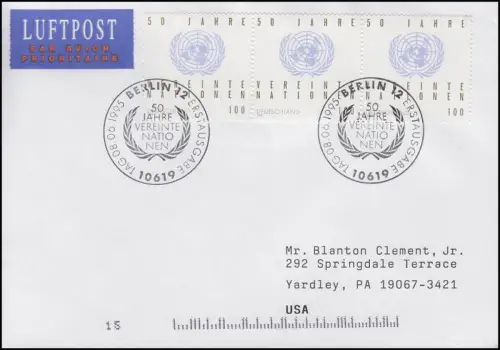 1804 Nations Unies, MeF FDC ESSst Berlin 50 ans UNO 8.6.1995 aux États-Unis