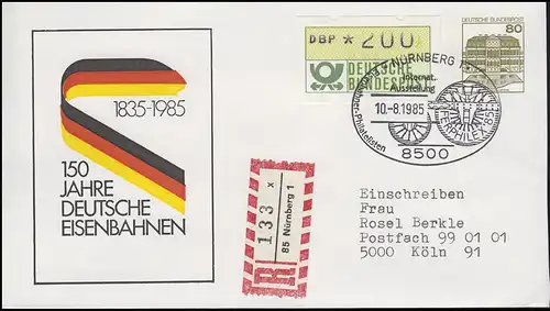 Privat-Umschlag 150 Jahre Deutsche Eisenbahnen R-Bf SSt Nürnberg Räder 10.8.1995