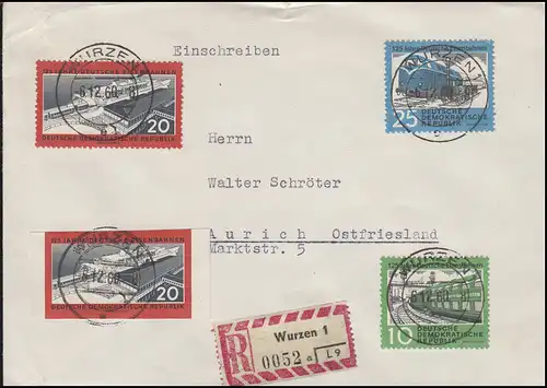 DDR 804-806 Eisenbahnen mit 805A+B, Satz-R-Brief Wurzen 6.12.60 nach Aurich