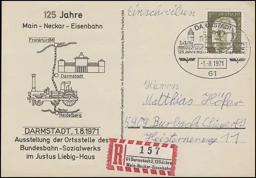 Sonder-R-Zettel 125 Jahre Main-Neckar-Eisenbahn R-Sonder-PK SSt Darmstadt 1.8.71