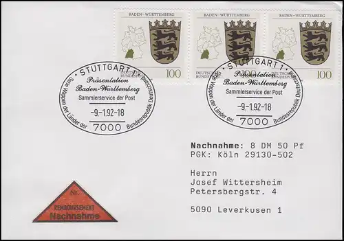 1586 Baden-Württemberg, MeF NN-FDC ESSt Stuttgart Markenpräsentation 9.2.1992