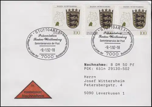 1586 Baden-Württemberg, MeF NN-FDC ESSt Stuttgart Présentation de la marque 9.2.1992