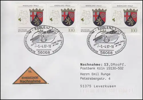 1664 Rheinland-Pfalz, MeF NN-Brief SSt Koblenz Wappen Rheinland-Pfalz 5.4.1997