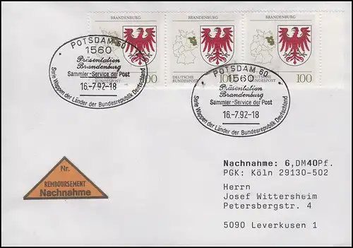 1589 Brandenburg, MeF NN-FDC ESSt Bonn Wappen der Länder 16.7.1992