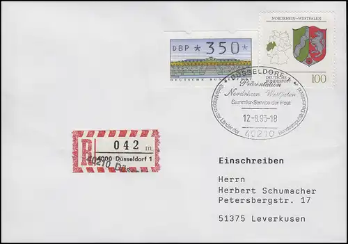 1663 Nordrhein-Westfalen, MiF Not-R-Zettel 40210 Düsseldorf R-FDC ESSt 12.8.1993