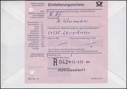 1663 Nordrhein-Westfalen, MiF Not-R-Zettel 40210 Düsseldorf R-FDC ESSt 12.8.1993