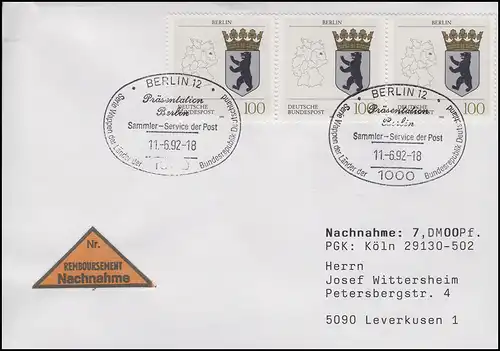1588 Berlin, MeF NN-FDC ESSt Berlin Wappen der Länder & Präsentation 11.6.1992