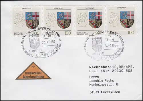 1712 Saarland, MeF NN-Brief SSt Merchweiler Saarstatus & Wappen 24.4.1994