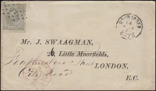 22 König Wilhelm 12 1/2 C. EF Brief Nummer 46 Groningen 14.11. nach London