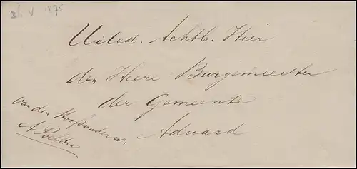 Niederlande Dienstbrief Ortsbrief an den Bürgermeister von Aduard 1875