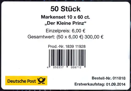 97 MH Antoine de Saint-Exupéry - Le Petit Prince, Banderole pour 50 jeux de marques
