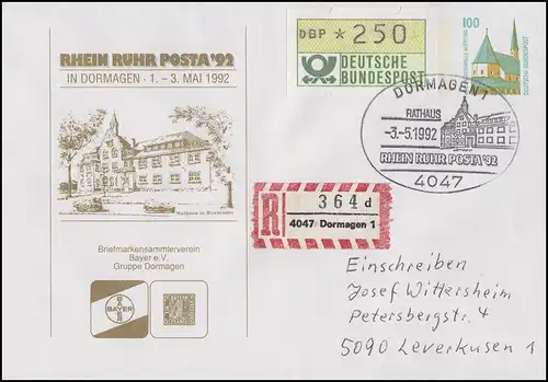 Privatumschlag RHEIN-RUHR-POSTA Rathaus, R-Brief SSt Dormagen Rathaus 3.5.1992