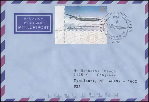 2450 Lufthansa, EF FDC ESSt Bonn Wiederaufnahme Flugverkehr 3.3.2005 in die USA