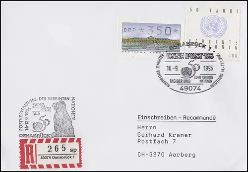1804 UNO + SCHWZD-ATM MiF R-Bf SSt Osnabrück Journée de l'ONU OSNAPOST 16.9.95
