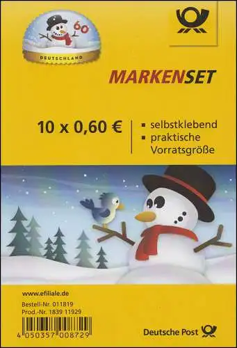 FB 41 Winter - Schneemann - Schneekugel, Folienblatt mit 10x 3113, **