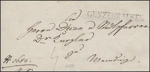 Bayern Vorphilatelie Briefhülle schwarzer Einzeiler GUNZENHAUSEN (1824)