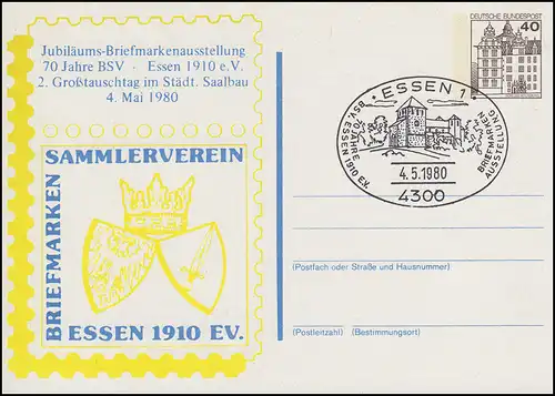 Postkarten-Zudruck Ausstellung 70 Jahre BSV Essen Saalbau, SSt Essen 4.5.1980