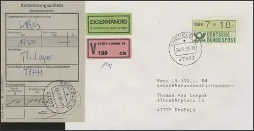 1.1 Erreur de valeur DBP 7*10 en tant qu'EF sur main propre de lettre V, Krefeld 24.11.97