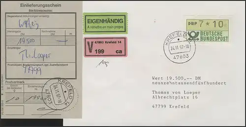 1.1 Wertfehldruck DBP 7*10 als EF auf V-Brief-Eigenhändig, Krefeld 24.11.97