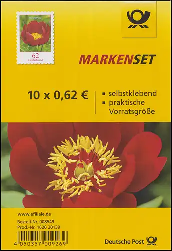 FB 42 Blume Pfingstrose 62 Cent, Folienblatt mit 10x 3121, postfrisch **