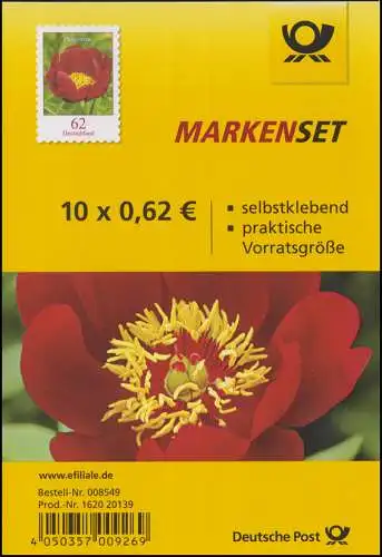 FB 42 Blume Pfingstrose 62 Cent, Folienblatt mit 10x 3121, postfrisch **