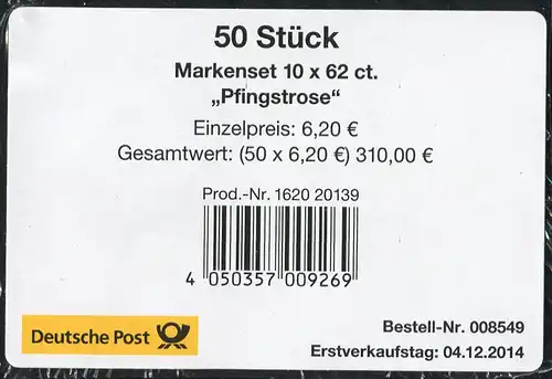 FB 42 Blume Pfingstrose 62 Cent, Banderole für 50 Markensets